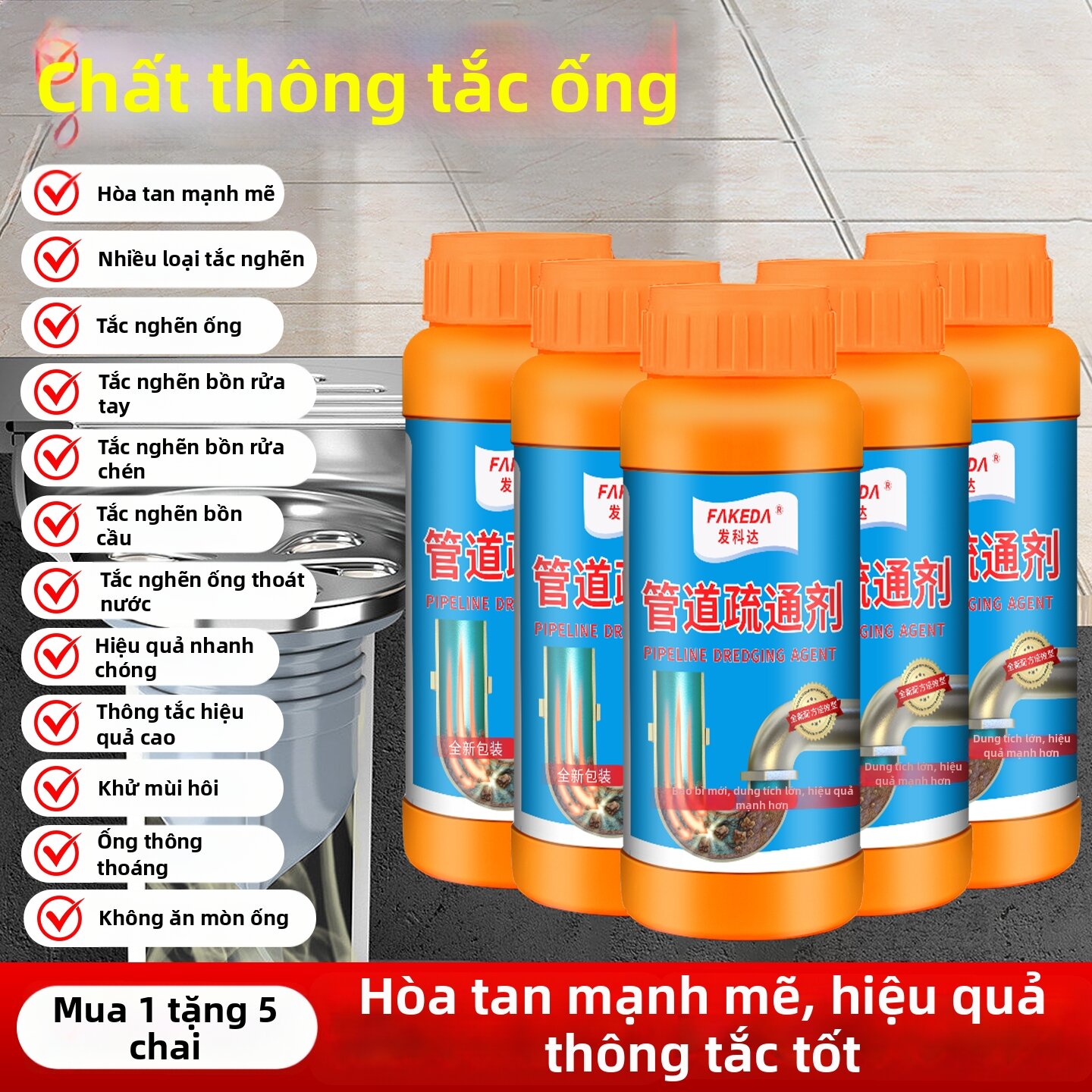 FAKEDA | Dung Dịch Tẩy Rửa Mạnh Loại Bỏ Mùi Hôi và Ngăn Ngừa Tắc Nghẽn Do Tóc và Dầu Mỡ