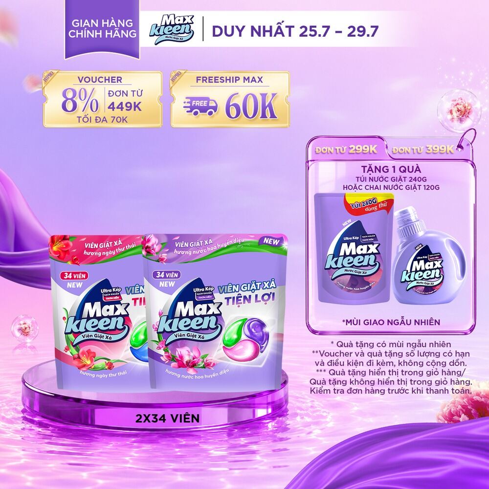 Combo 2 Túi Viên Giặt Xả MaxKleen Hương Huyền Diệu + Hương Ngày Thư Thái (34 viên/túi)