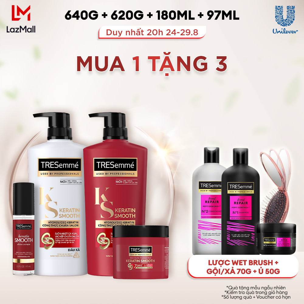 Combo Dầu Gội, Dầu Xả, Kem Ủ, Serum TRESEMME Keratin Smooth Cho tóc khô xơ rối Công thức Hydrolyzed Keratin Dưỡng Tóc Vào Nếp Suôn Mượt 640g, 620g, 180ml, 97ml