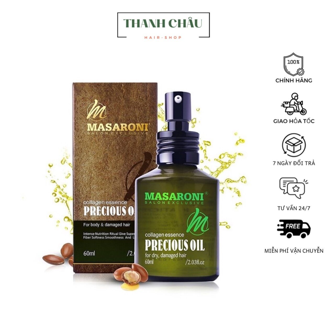 Tinh dầu bóng masaroni precious oil dưỡng phục hồi tóc hư tổn 60ml