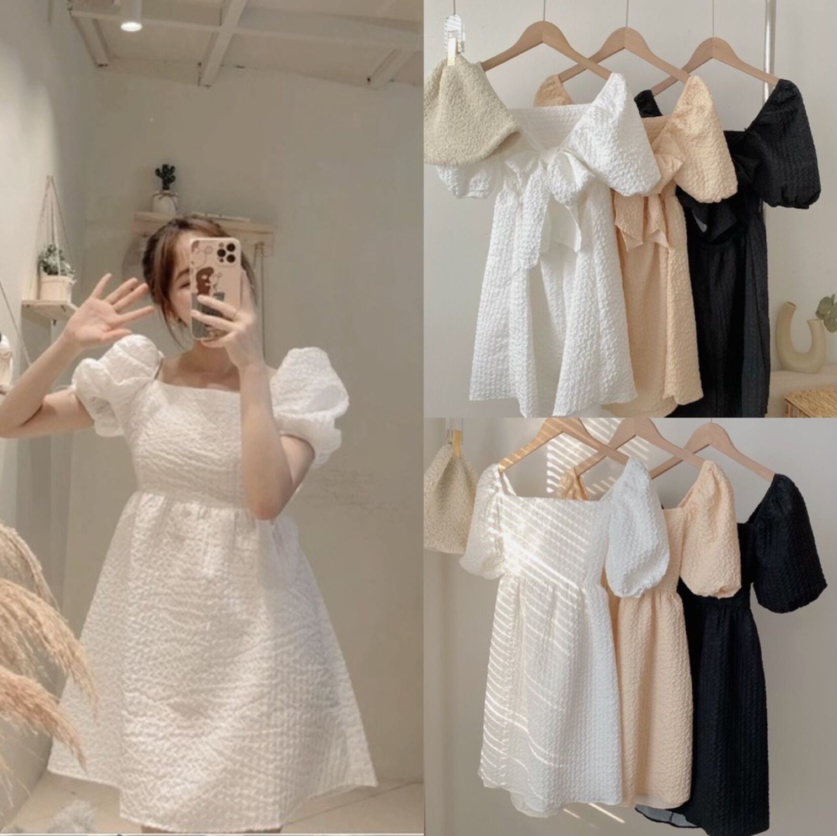 HOÀN TIỀN 15% - ĐẦM BABYDOLL GẤM XỐP CỔ VUÔNG THẮT NƠ LƯNG - CÓ MÚT NGỰC VÁY TIỂU THƯ VÁY XINH VÁY TẾT