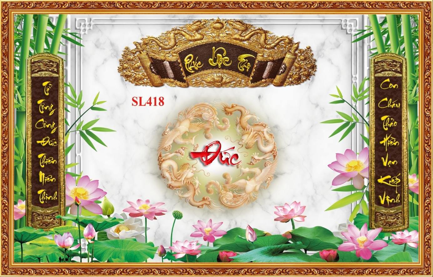 Tranh dán tường 3d bàn thờ cuốn thư câu đối Phúc Lộc Thọ thư pháp chữ ĐỨC , tranh dán bàn thờ ông bà SL418, phòng thờ gia đình, tranh Rồng Phượng, Long Phụng