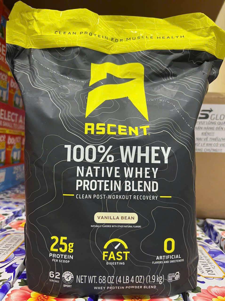 Bột protein whey tự nhiên 100% Ascent hương đậu vani, 25g protein mỗi khẩu phần, không đường, phục hồi sau tập luyện, 62 khẩu phần