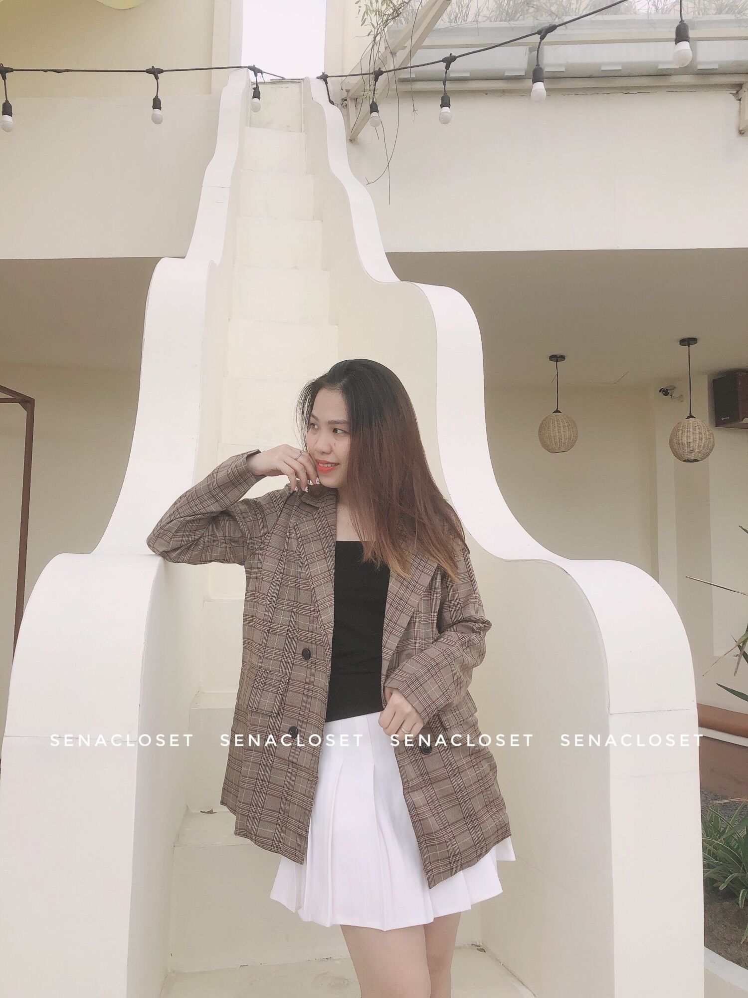 Áo blazer 2 lớp kẻ nâu quảng châu style ulzzang hq