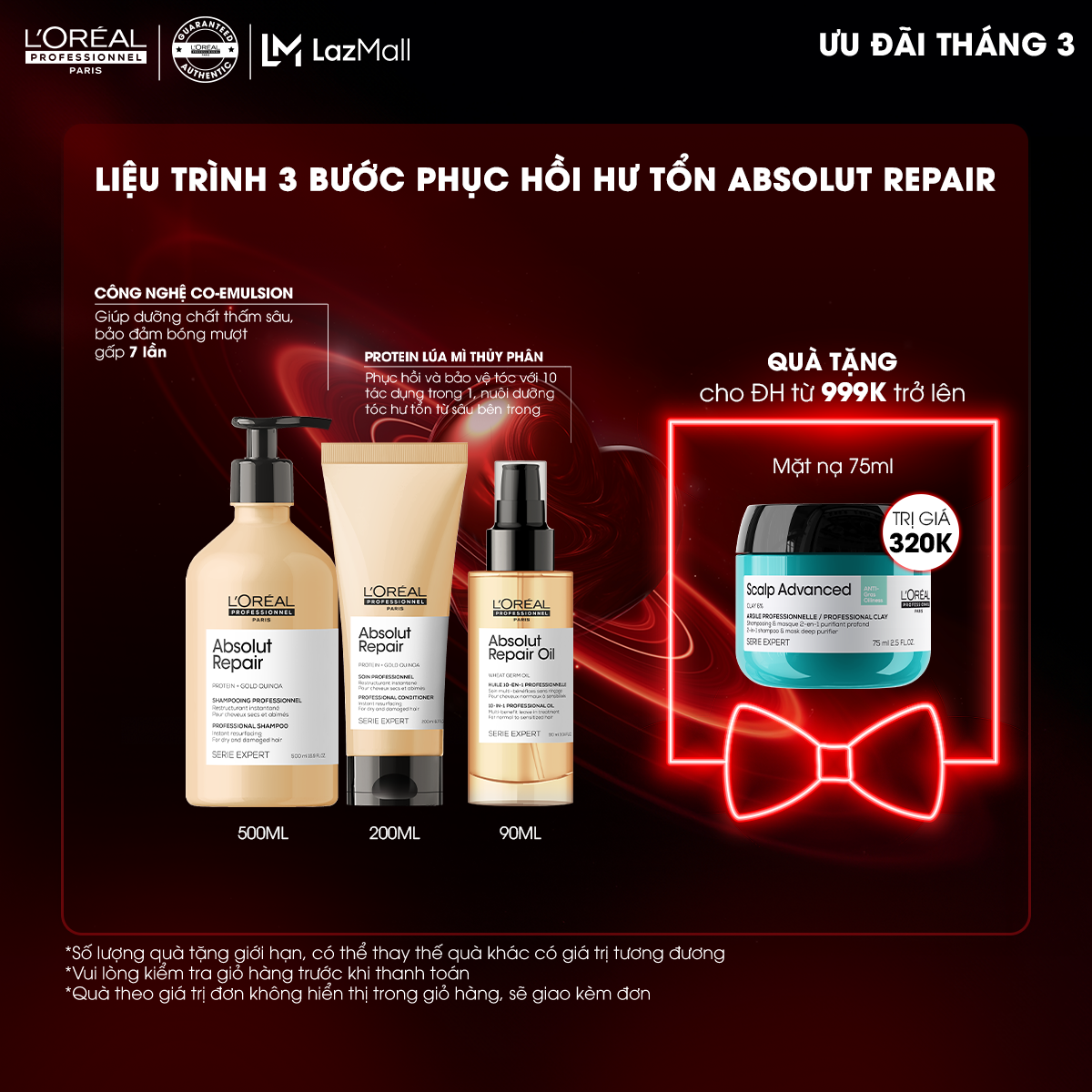 Liệu trình 3 bước dưỡng tóc mềm mượt & phục hồi hư tổn toàn diện L'Oréal Professionnel Serie Expert Absolut Repair - Dành cho tóc khô xơ, hư tổn