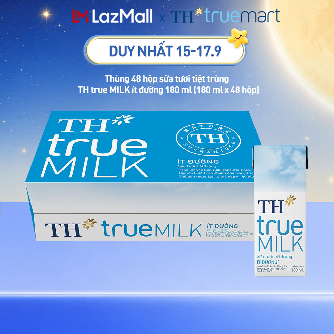 Thùng 48 hộp sữa tươi tiệt trùng TH true MILK ít đường 180 ml (180 ml x 48)