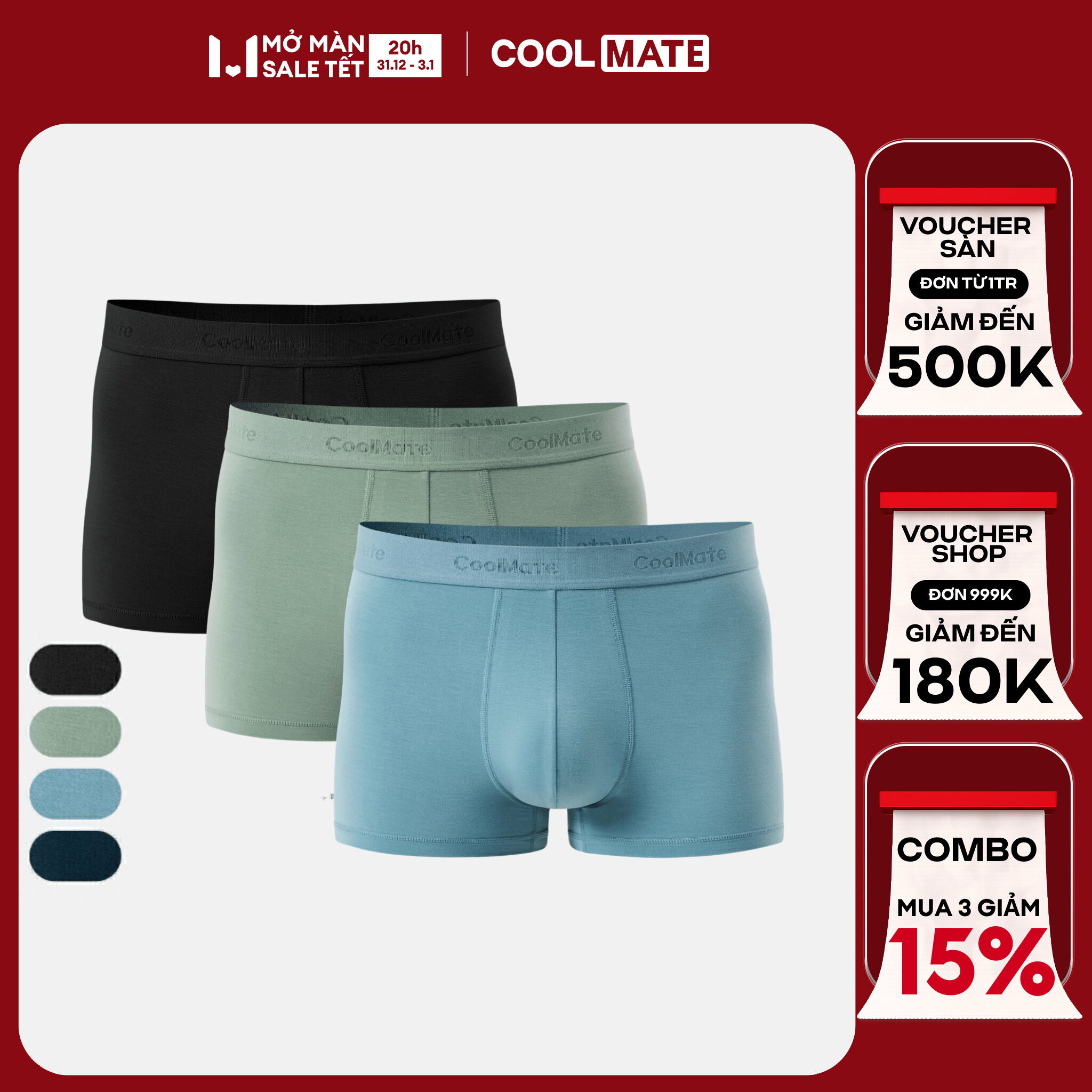   DUY NHẤT 20h 31.12-3.1 MUA 3 GIẢM 15% Combo 3 Quần lót nam Trunk Lenzing Modal Kháng khuẩn thấm hút mát tự nhiên - Coolmate 