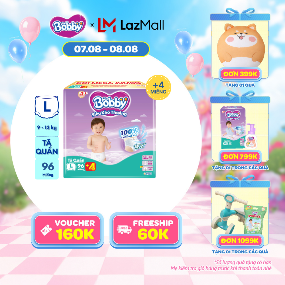 [20g 7-10.8 QUÀ TO][TẶNG MIẾNG NGẪU NHIÊN] Tã/bỉm quần Bobby 3mm Mega Jumbo Siêu khô thoáng L96