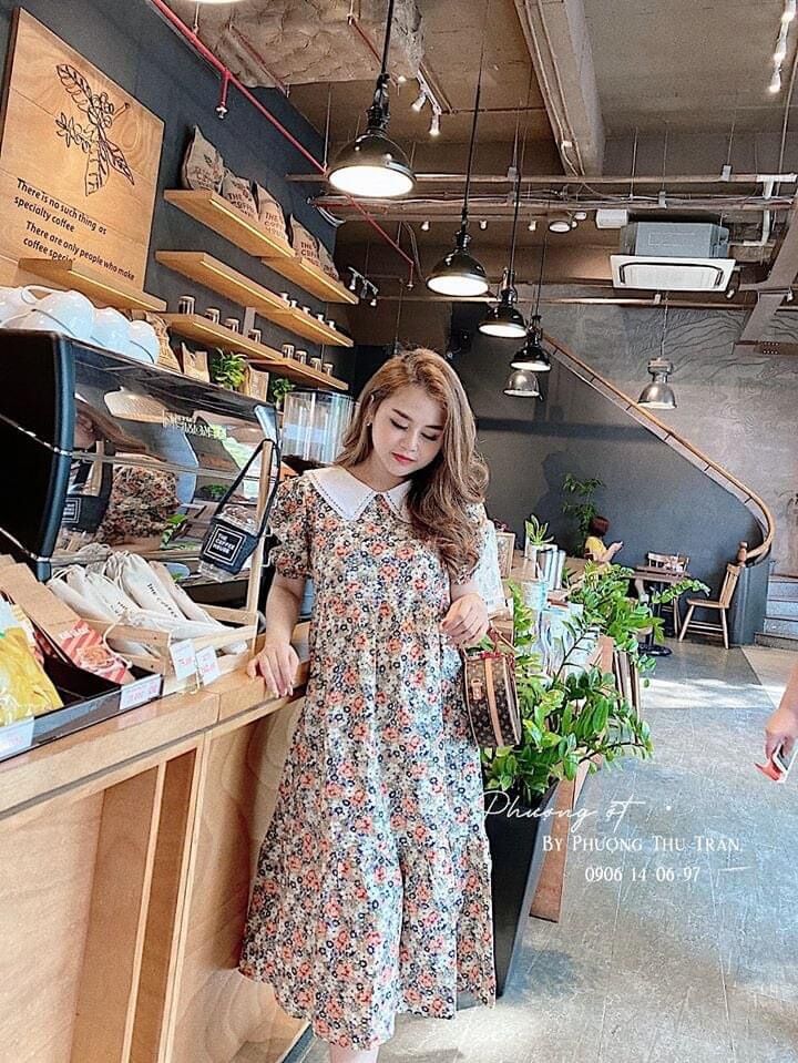Đầm bầu cổ sơ mi hoa mùa hè siêu mát