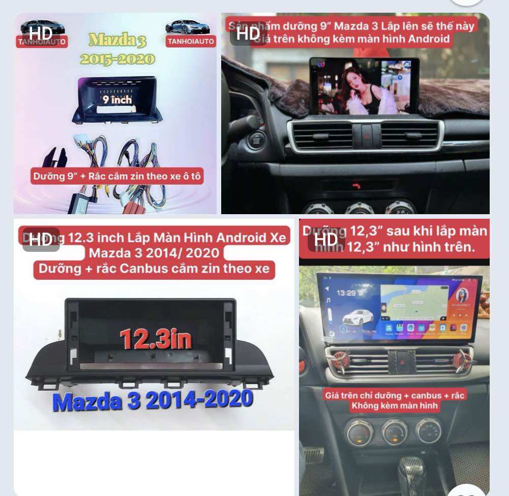 Dưỡng Mazda 3 2015/ 2021 lắp màn hình Android 9 inch 12 inch xe ô tô Mazda 3