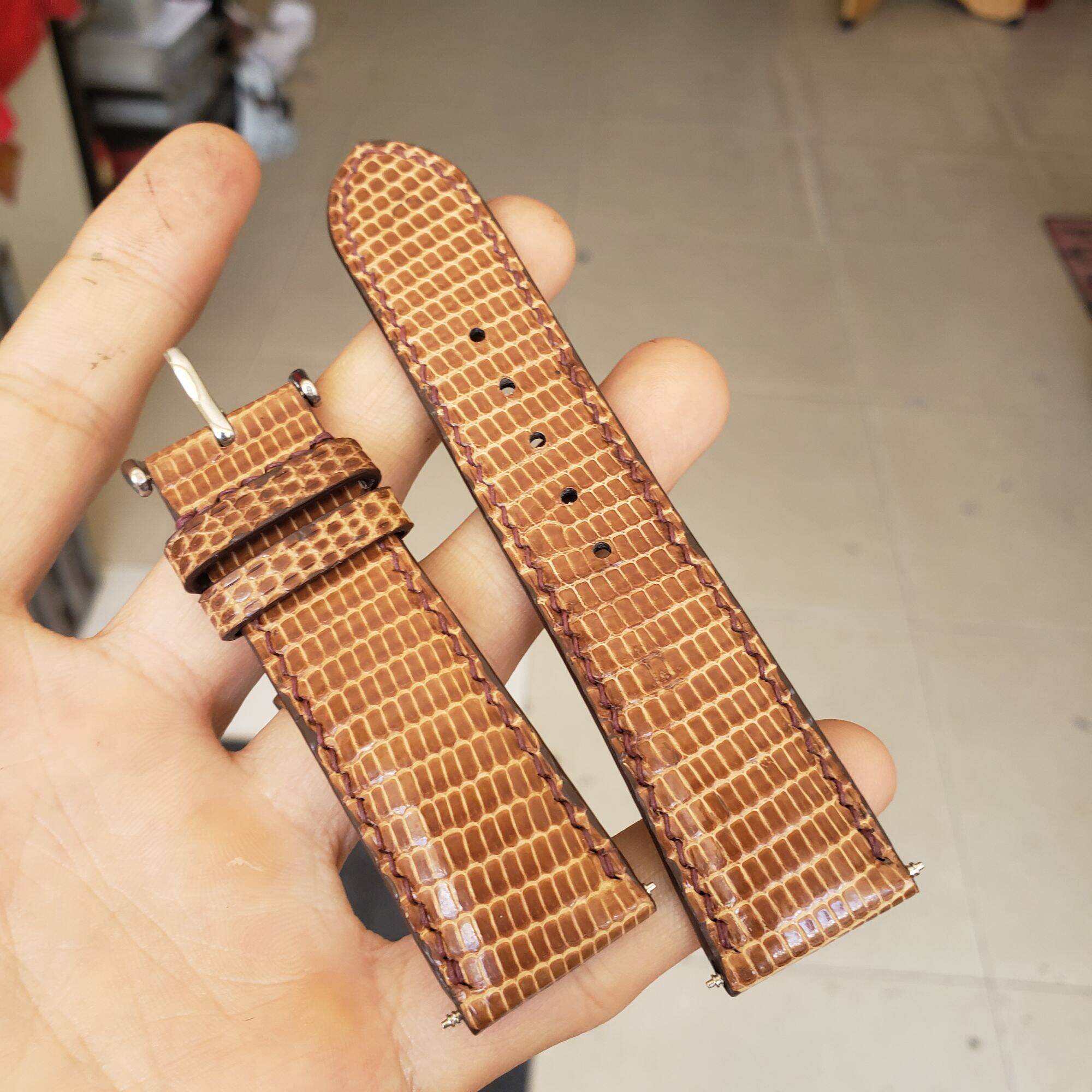 (Handmade) Dây đồng hồ da kỳ đà Pháp màu nâu