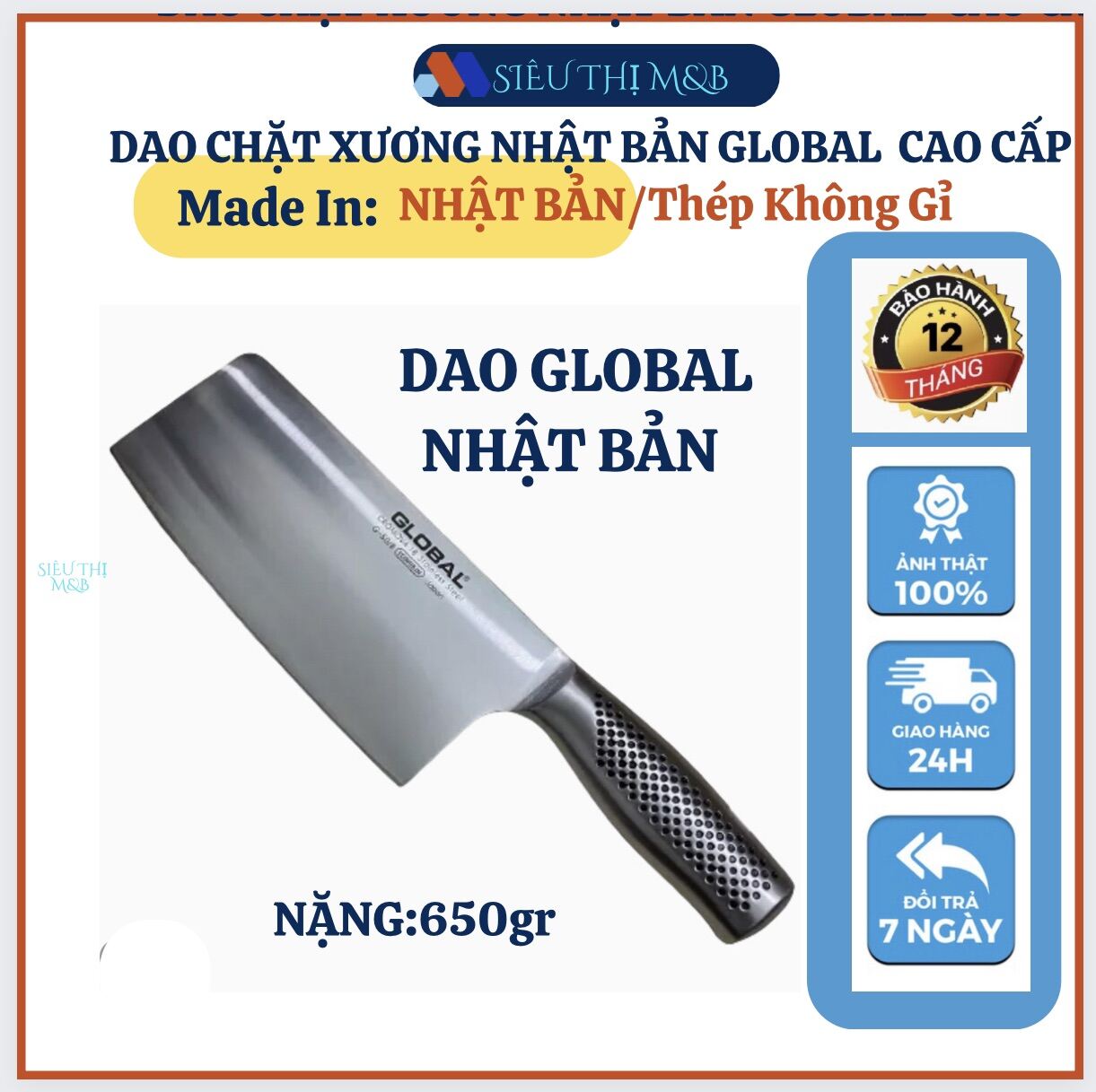 Dao Chặt -G70(Nặng:650gr)-Nhật Bản GLOBAL Cao Cấp.Dao Bếp Nhật Meat Cleaver-Dao Chặt Xương Nhật Bản-
