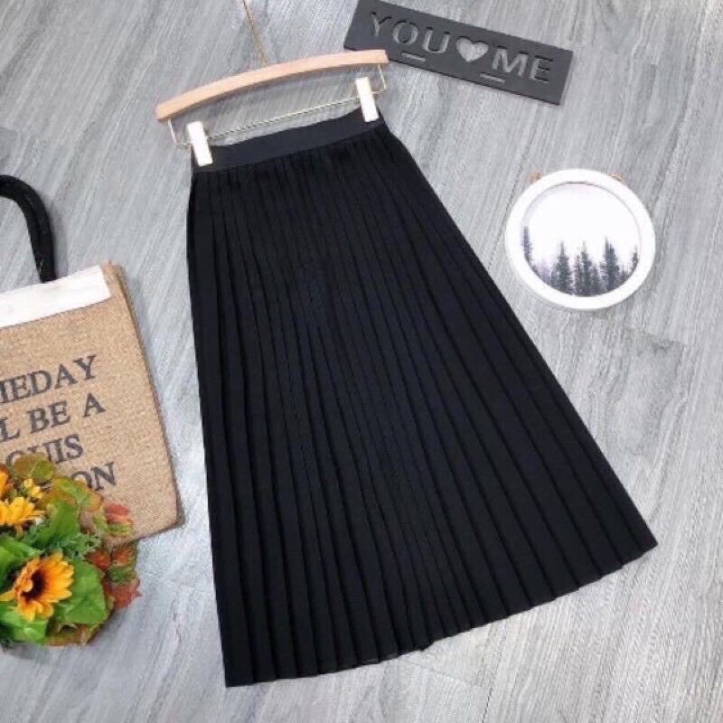 chân váy xếp li dài midi cạp chun, chân váy xếp ly dài,freesize