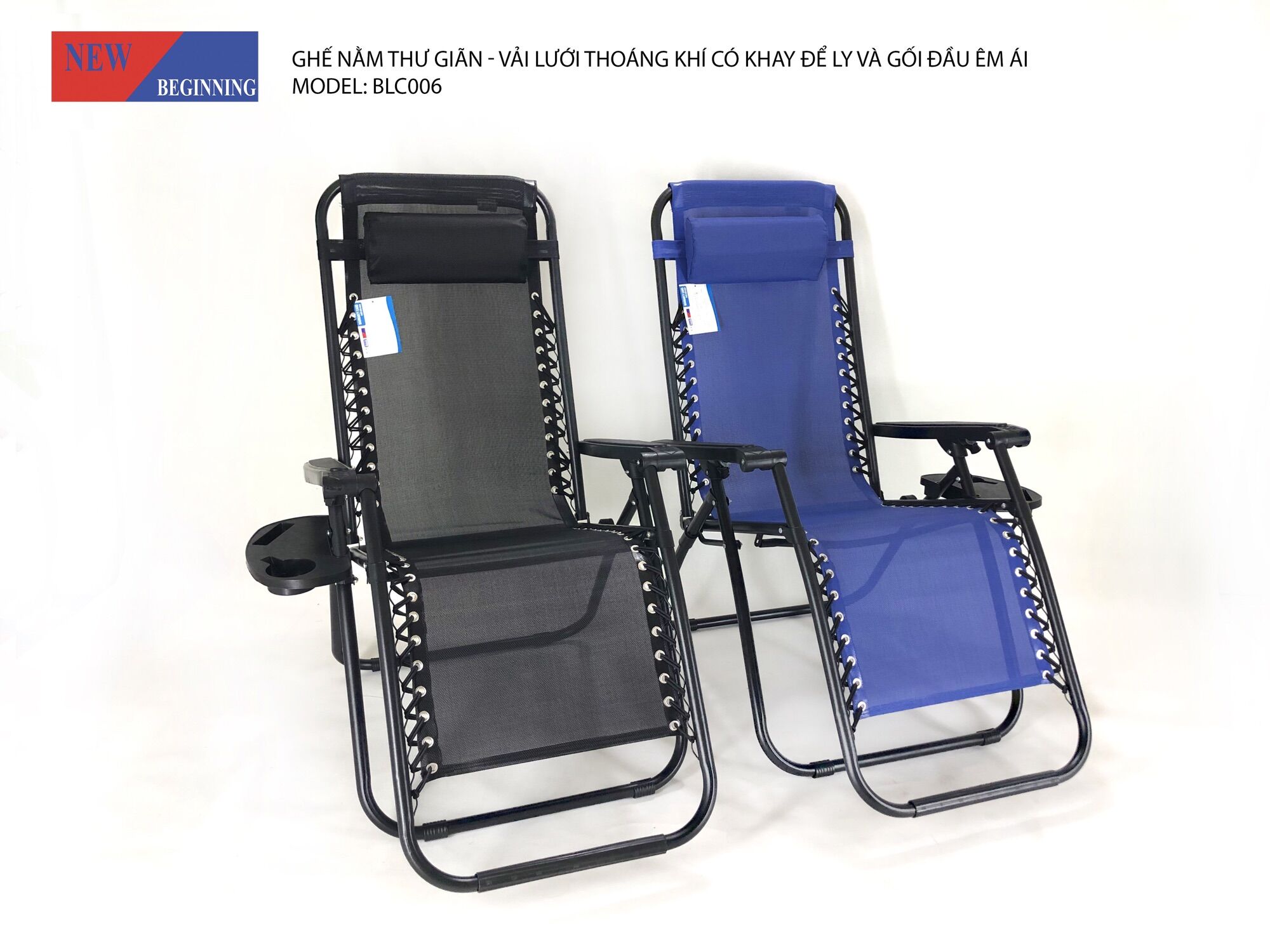 Ghế nằm thư giãn - ghế ngủ trưa văn phòng - gập gọn - thoáng khí - có khay để bình nước và gối đầu - New Beginning