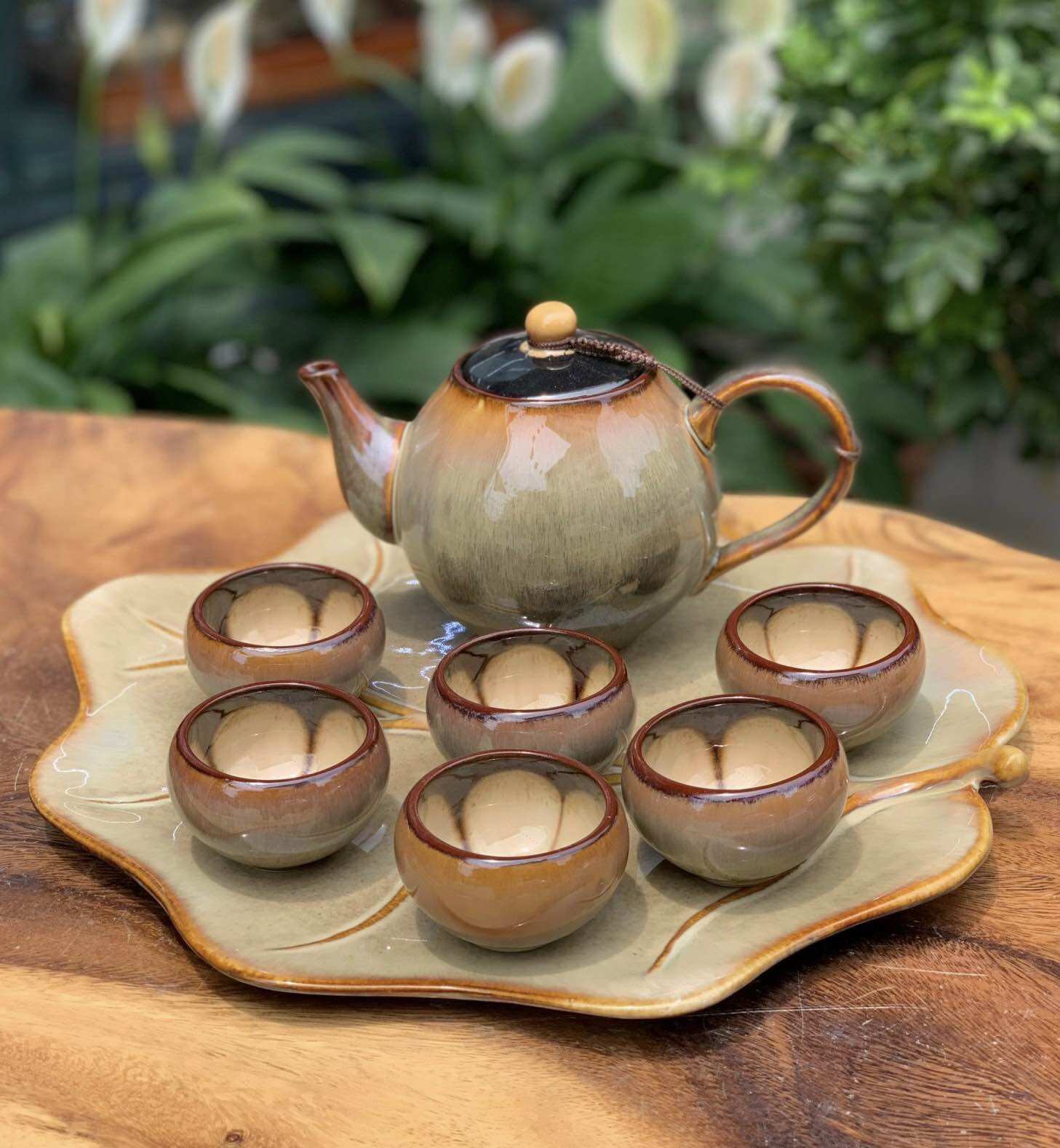 Bộ ấm trà men hỏa biến. Gốm sứ Bát Tràng.