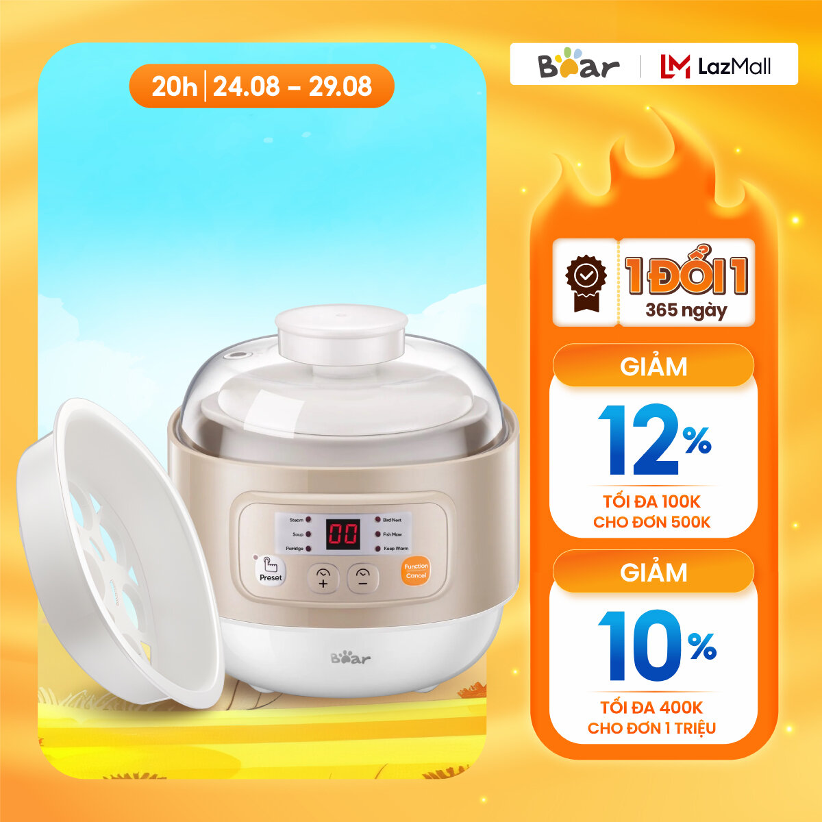 Nồi Nấu Chậm Bear DDZ-A08D1,ăn dặm cho bé ,Nấu ninh hầm Đa Năng cách thuỷ 4in1-Hàng chính hãng-Bảo hành 18 tháng