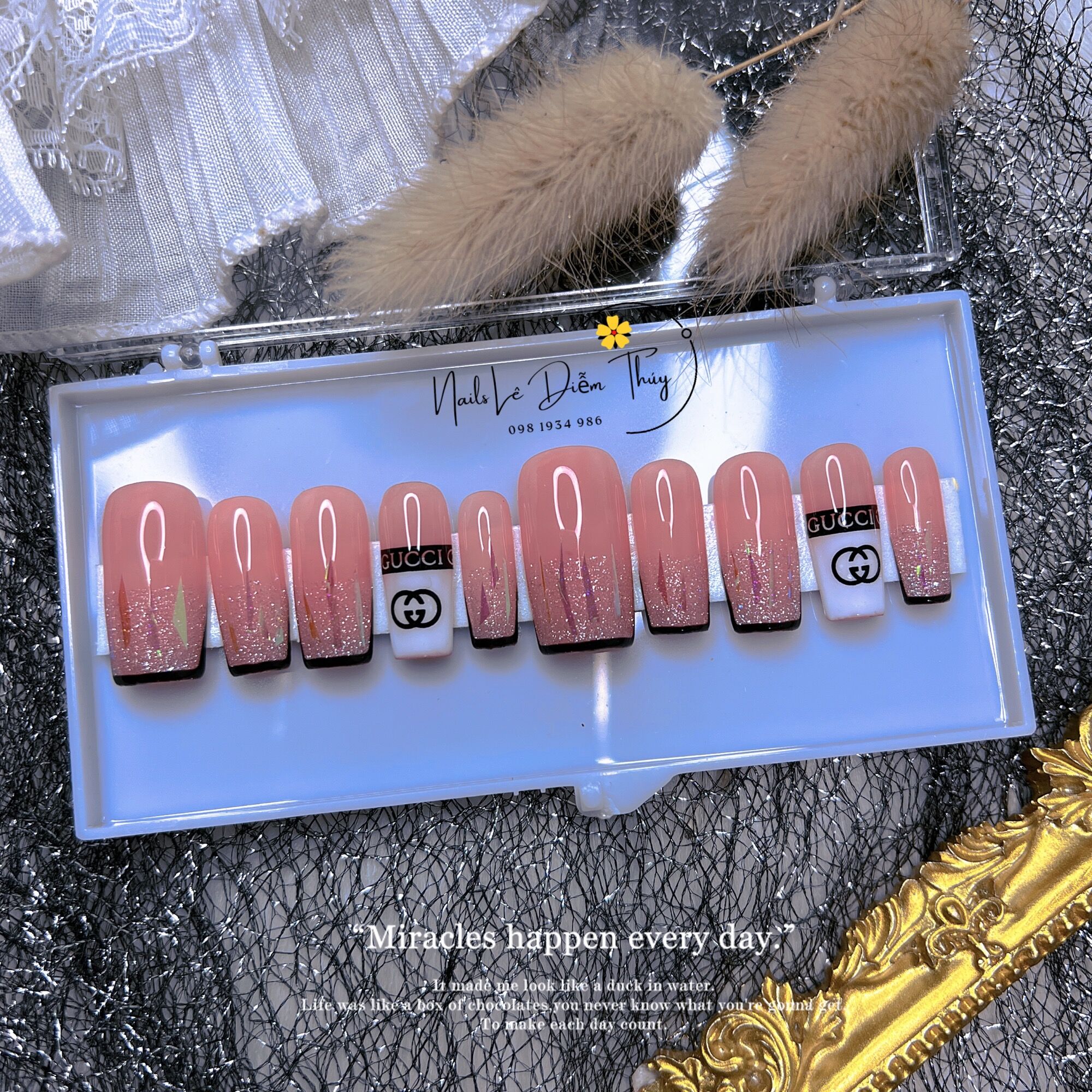 Nail Box design Nail Box pink rhinestones hears nail tip