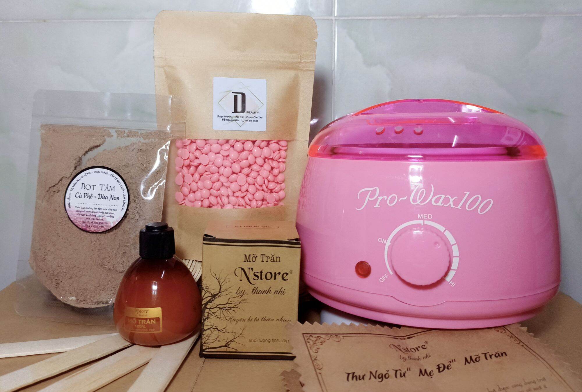 Combo Waxing Triệt Lông (1Nồi Prowax100 1Mỡ Trăn Nguyên Chất 100Gr Sáp Beans Tặng 1 Bột Tẩy Tế Bào Chết Cf Dừa))