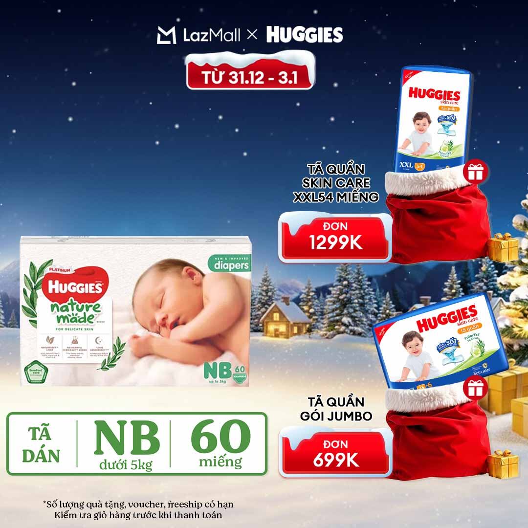   CHỈ 20h 31.12-03.01 QUÀ TẶNG ĐƠN 399K  Tã Bỉm dán sơ sinh Huggies Platinum NatureMade NB60  dưới 5kg -Gói Jumbo 60 miếng 