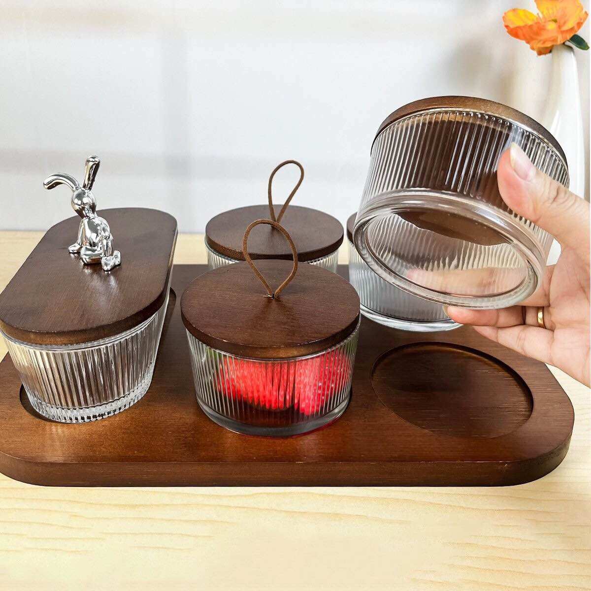 Set 5 món kèm khay thủy tinh đựng đồ mứt nắp gỗ