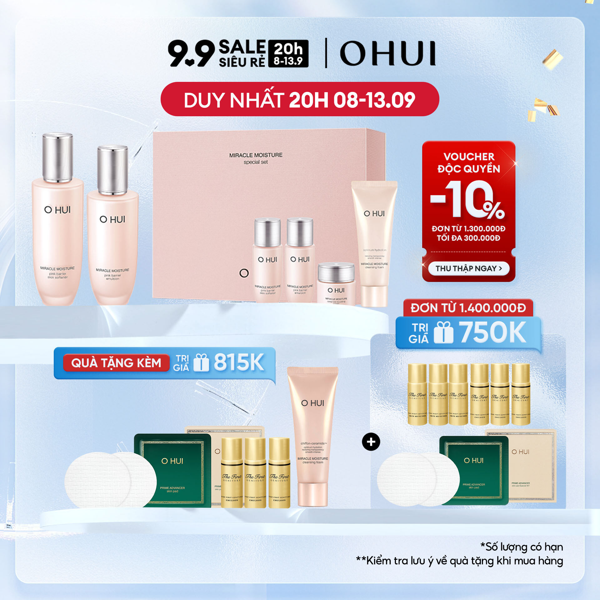 Bộ dưỡng ẩm căng mượt sáng da toàn diện 6 món OHUI Miracle Moisture Pink Barrier Set 367ml
