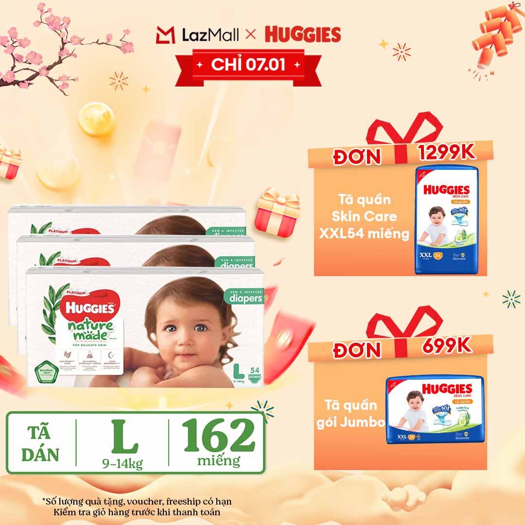 [CHỈ 15.01-10.02 QUÀ TẶNG ĐƠN 399K] Combo 3 Tã/Bỉm dán HUGGIES PLATINUM NatureMade L54 (9-14kg)-Gói Jumbo 54 miếng
