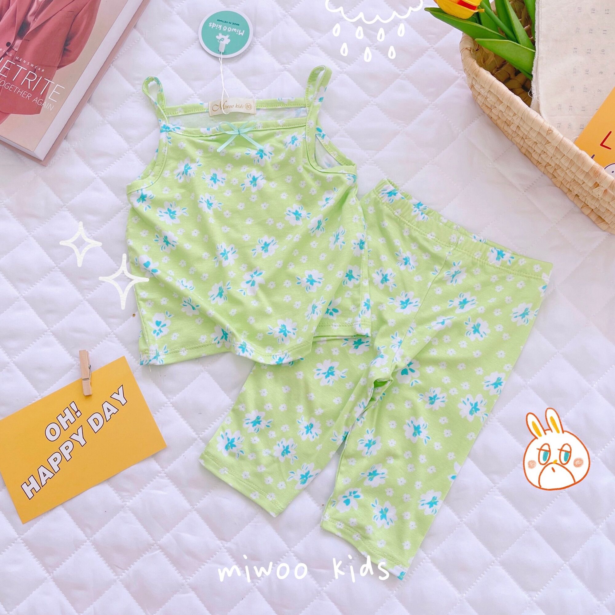 Bộ 2 dây bé gái quần lửng lụa hoa Miwoo xuất Nhật
