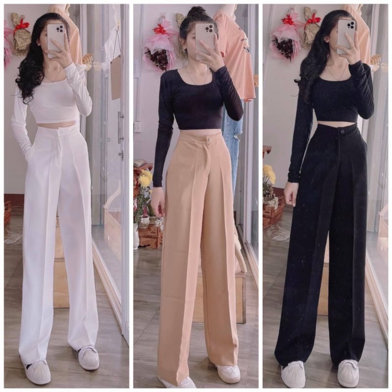 Quần ống rộng khoá giữa Culottes màu đen trắng be