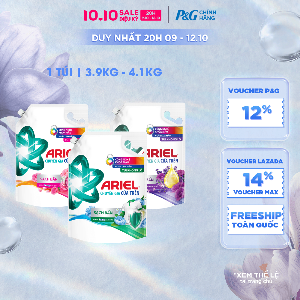 [Voucher 12%] Nước Giặt Cửa Trên ARIEL Ngăn Lem Màu, Quần Áo Siêu Thơm Hương Sạch Sâu Nắng Mai/ Downy Hương Nước Hoa/ Downy Oải Hương Túi 4.1KG/ 3.9KG