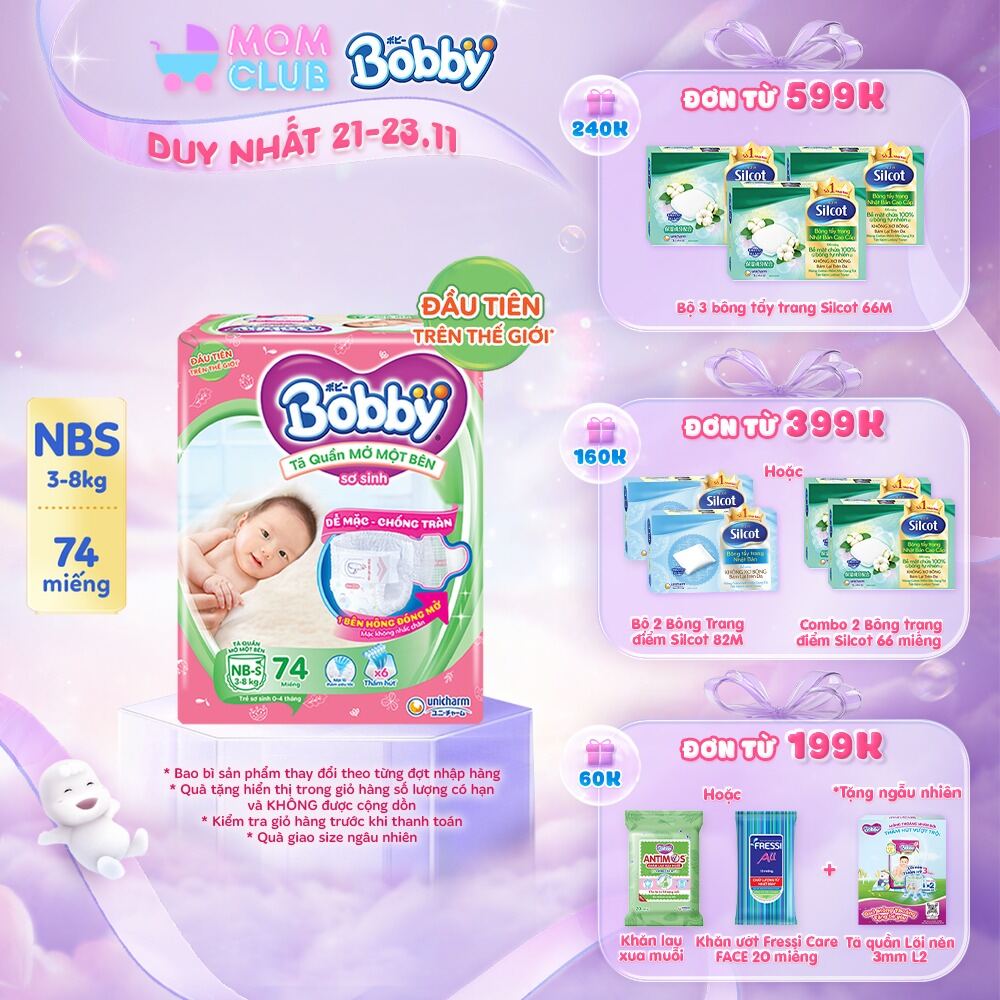 [MỚI] Tã/bỉm quần Mở Một Bên Bobby size NB-S 74 miếng