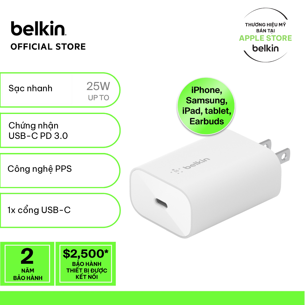 Adapter sạc nhanh boost↑charge™ 25w usb-c pd belkin wca004