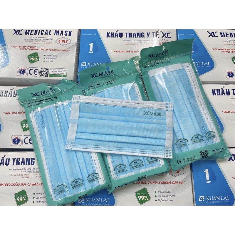 Hộp 50 Chiếc, 1 gói 5  cái Khẩu Trang Y Tế 4 Lớp Kháng Khuẩn Chuẩn Xuân Lai Quai Đeo Siêu Êm Không Đau Tai