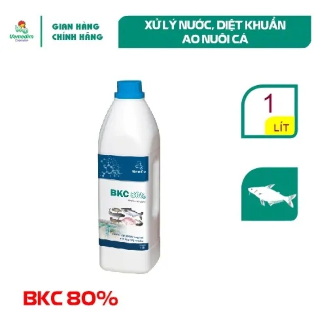 Vemedim BKC 80% (c.á) - D.i.e.t các loại vi khuẩn, n.ấm, nguyên sinh động vật trong nước ao nuôi. S.át tr.ùng dụng cụ nuôi, bể ương. Chai 1 lit