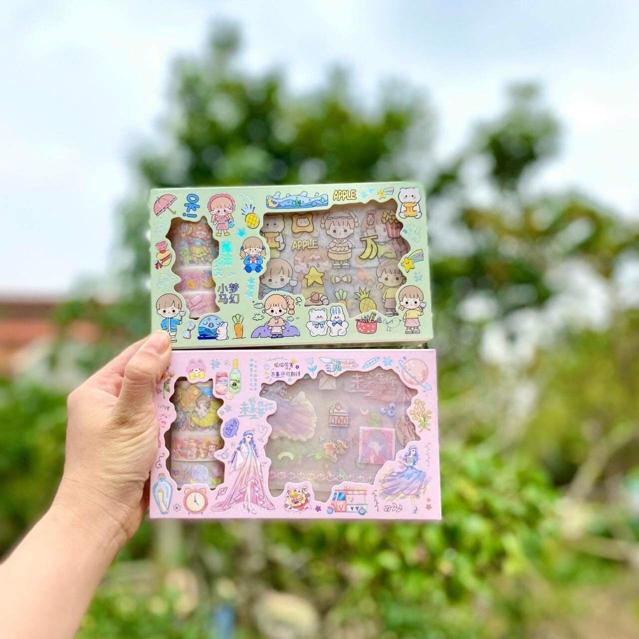 Hộp 10 tấm sticker+3 cuộn washi