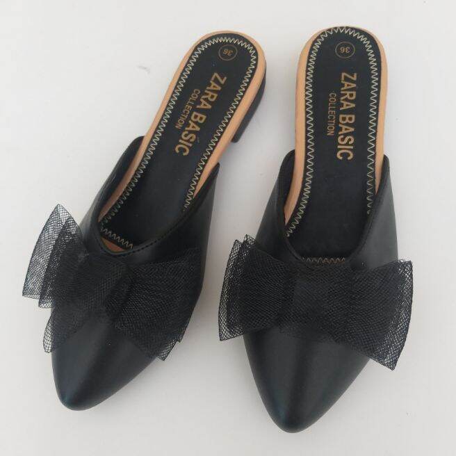 ANshoes: sục zara basic đế thấp nơ lưới cực sang, chất da mềm, êm, hàng đẹp, hình thật