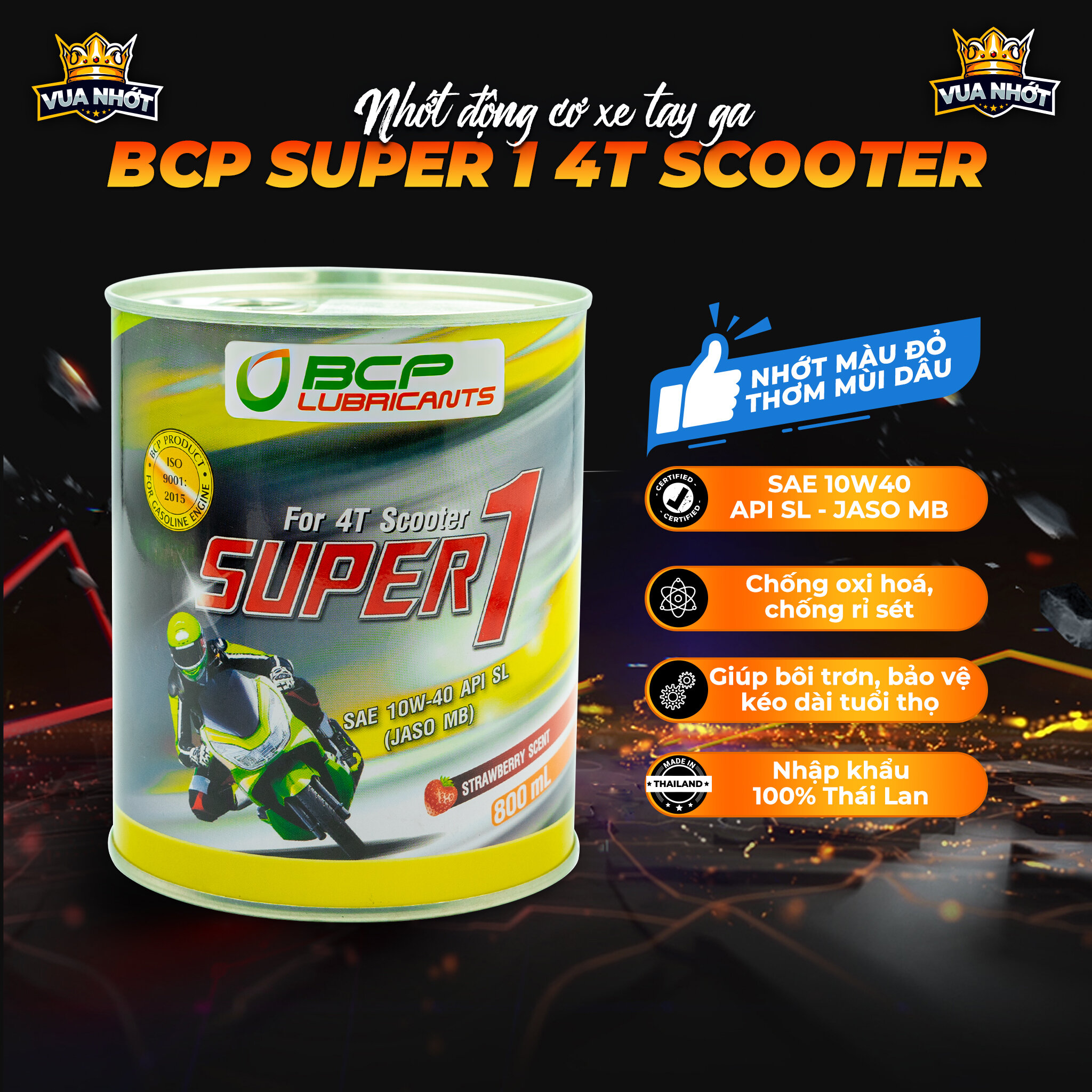 Nhớt xe tay ga Vision, Lead, Airblade Lon 800ml BCP Thái Lan - Nhớt màu đỏ, thơm mùi dâu BCP SUPER 1 SAE 10W40, API SL, JASO MB - Nhớt Thái Lan Nhập Khẩu