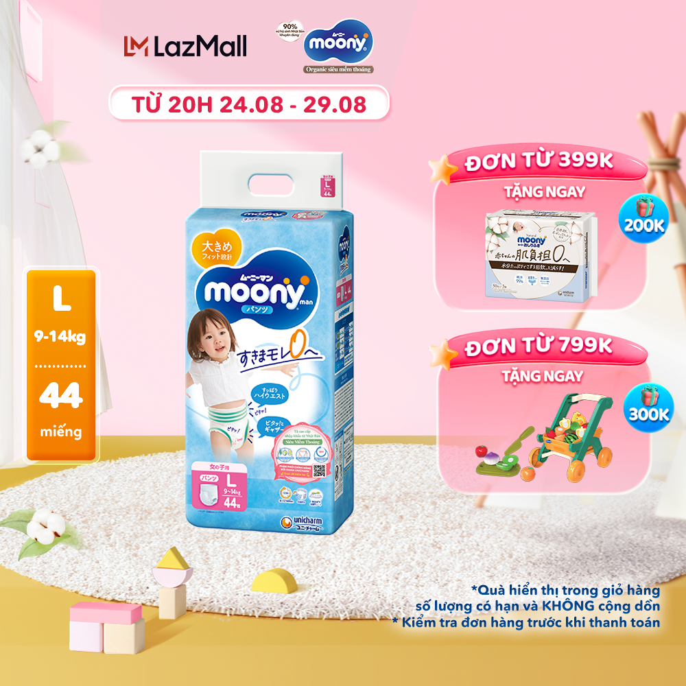 Tã/Bỉm quần cao cấp Moony Blue size L 44 miếng (9 - 14kg) dành cho bé gái