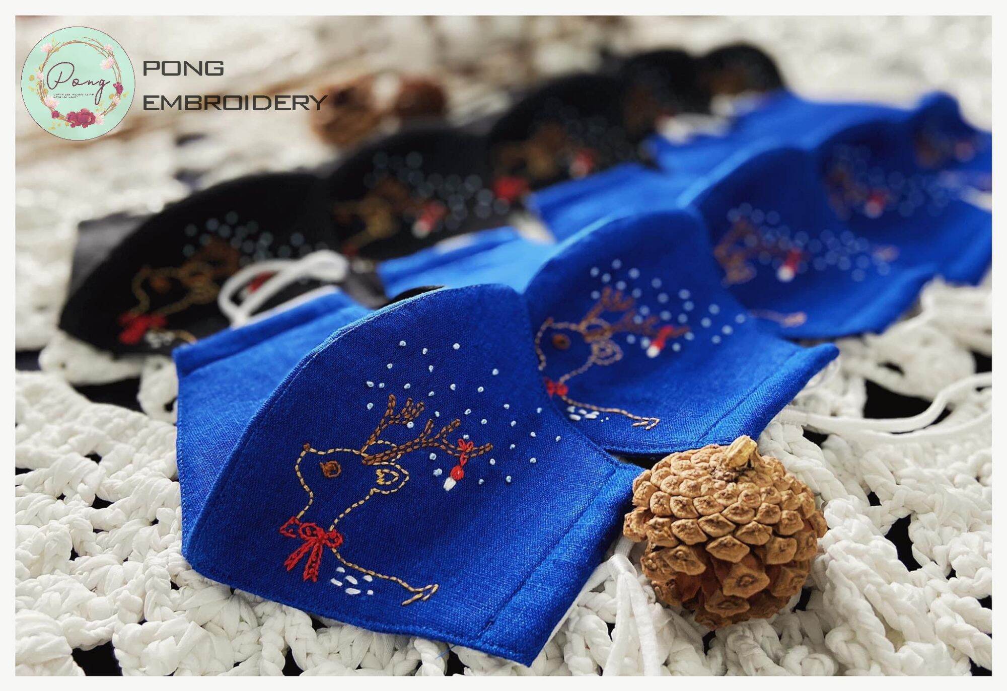 Khẩu Trang Vải Giáng Sinh Noel Thêu Tay Thủ Công 3 Lớp Kháng Khuẩn - Pong Embroidery