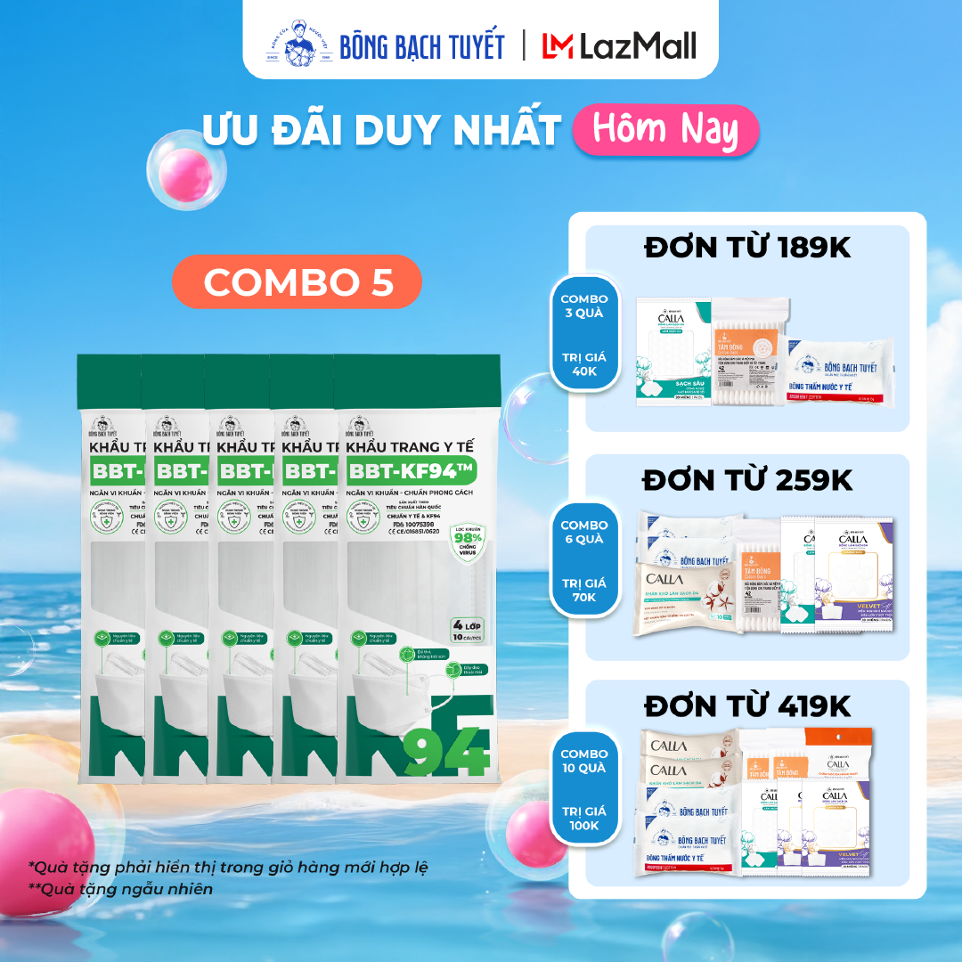 Combo 5 Gói Khẩu trang Bông Bạch Tuyết KF94 4 lớp trắng (10 cái/gói)