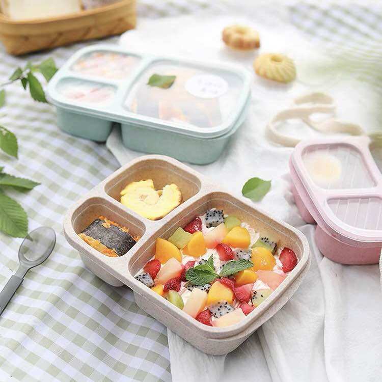 Khay Đựng Cơm Đựng Đồ Ăn 3 Ngăn Có Nắp Đậy Chất Liệu Lúa Mạch