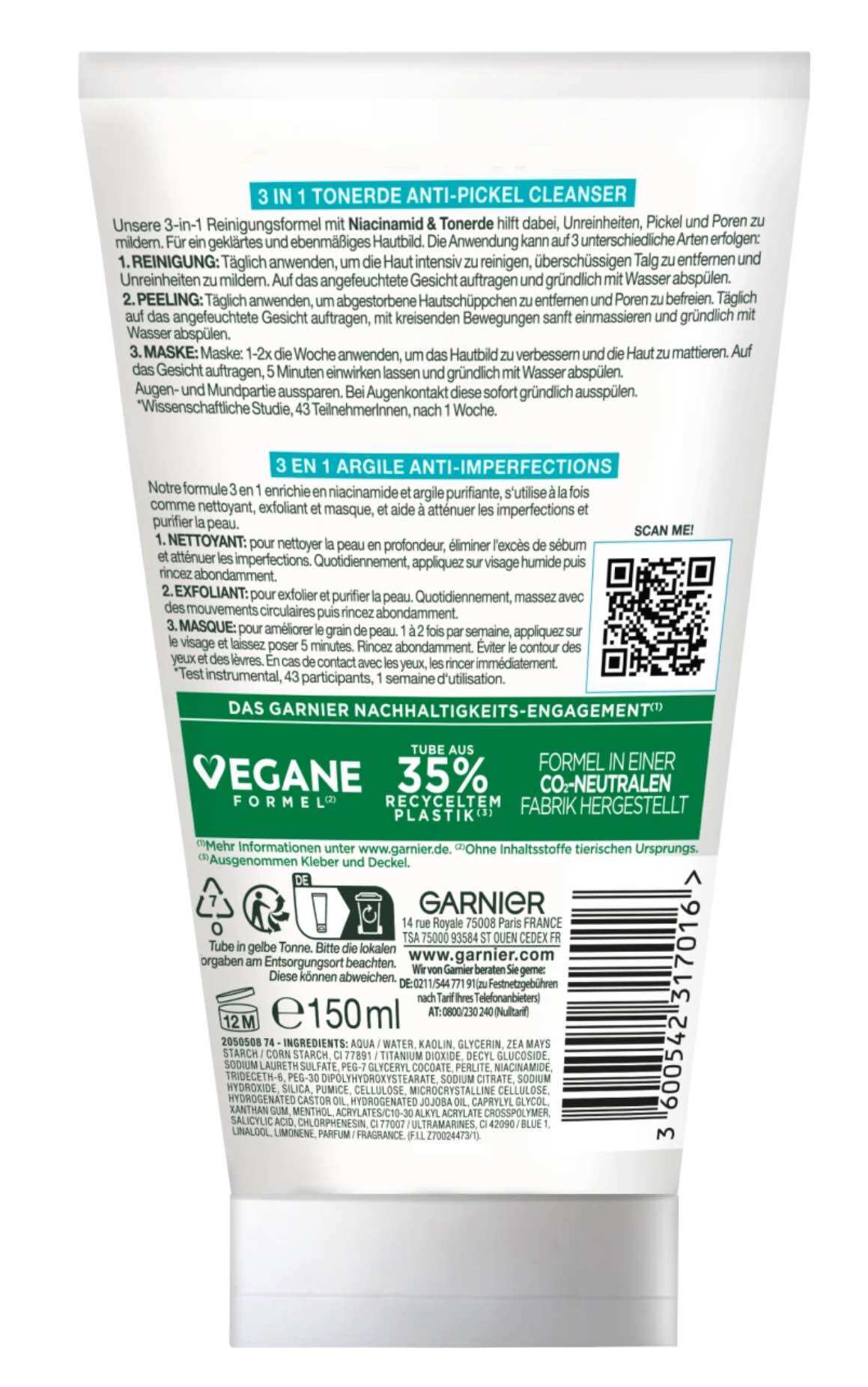 [Bill Đức] Sữa rửa mặt Garnier Skin Active 3in1 tẩy trang sạch da đất sét, 150 ml