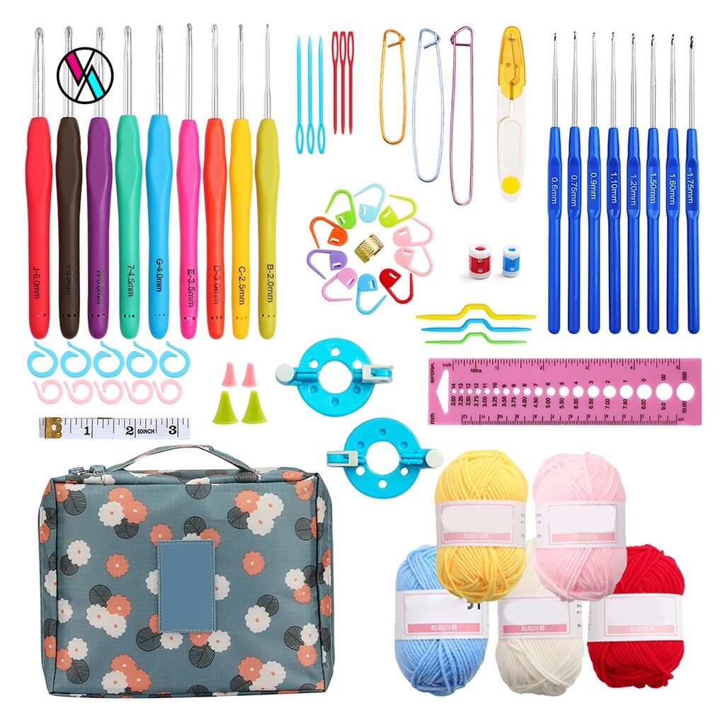 Combo dụng cụ móc len và 5 cuộn len
