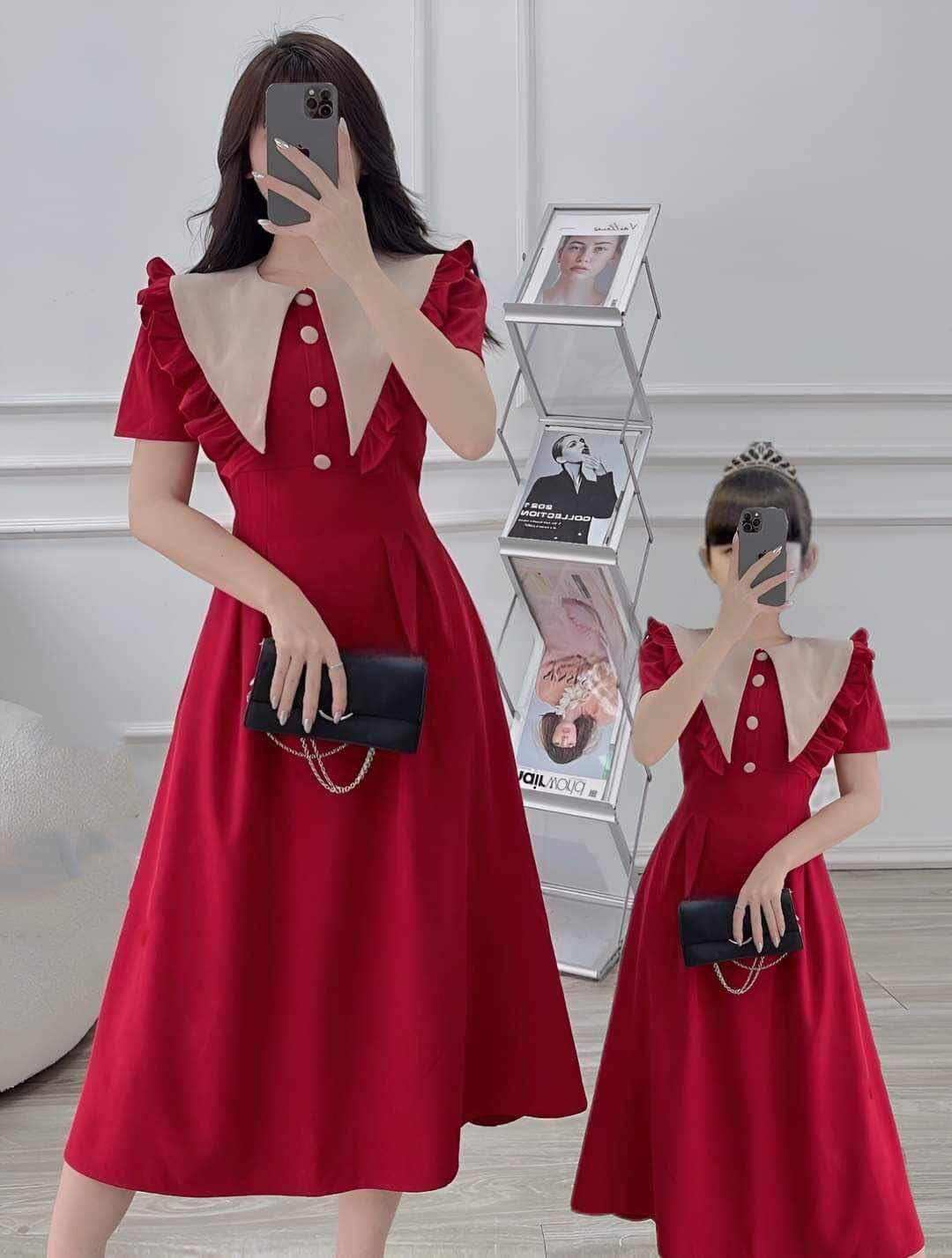 Set đầm đỏ vintage có size mẹ & bé