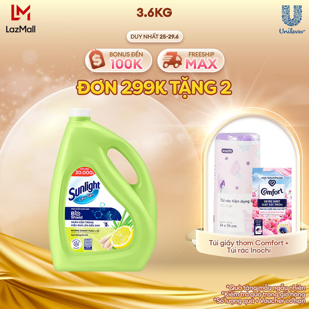 Nước lau sàn Sunlight BIOSHIELD Chanh Yuzu & Sả Chai 3.6kg | Công nghệ BIOSHIELD | Ngăn côn trùng hiệu quả