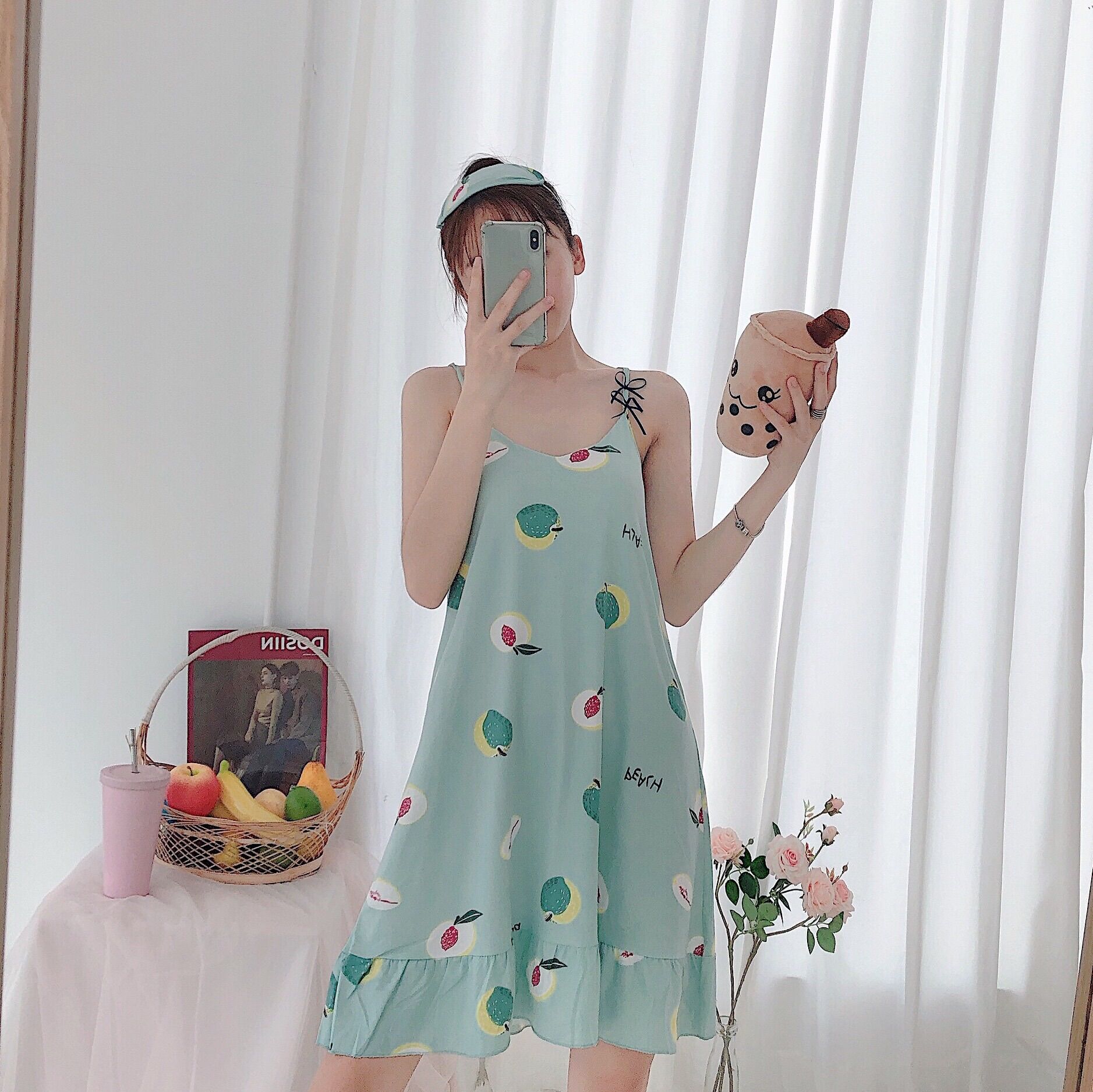 Đầm bầu ngủ mặc nhà 2 dây siêu mát