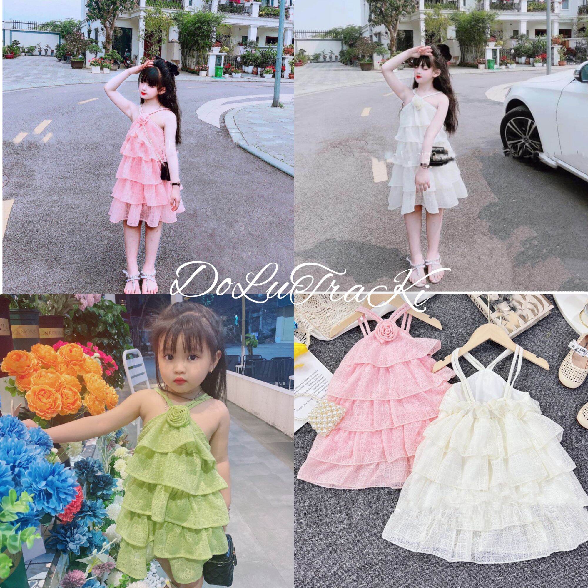 Váy ren tầng yếm đính bông hoa xinh xắn bé gái