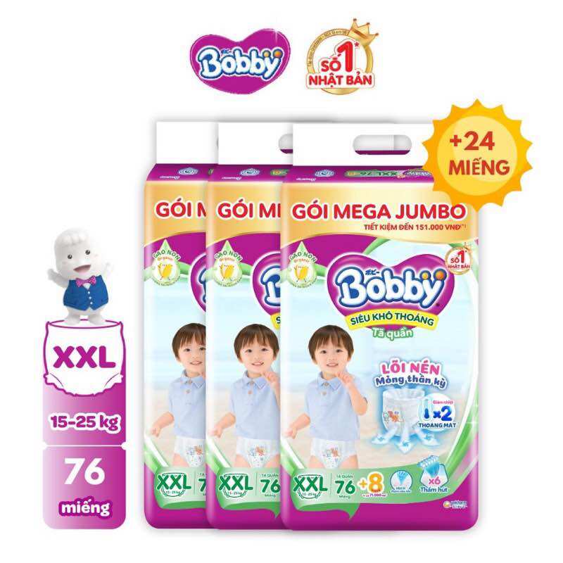 Tã quần bobby mega jumbo gạo non xxl76 + 8 miếng