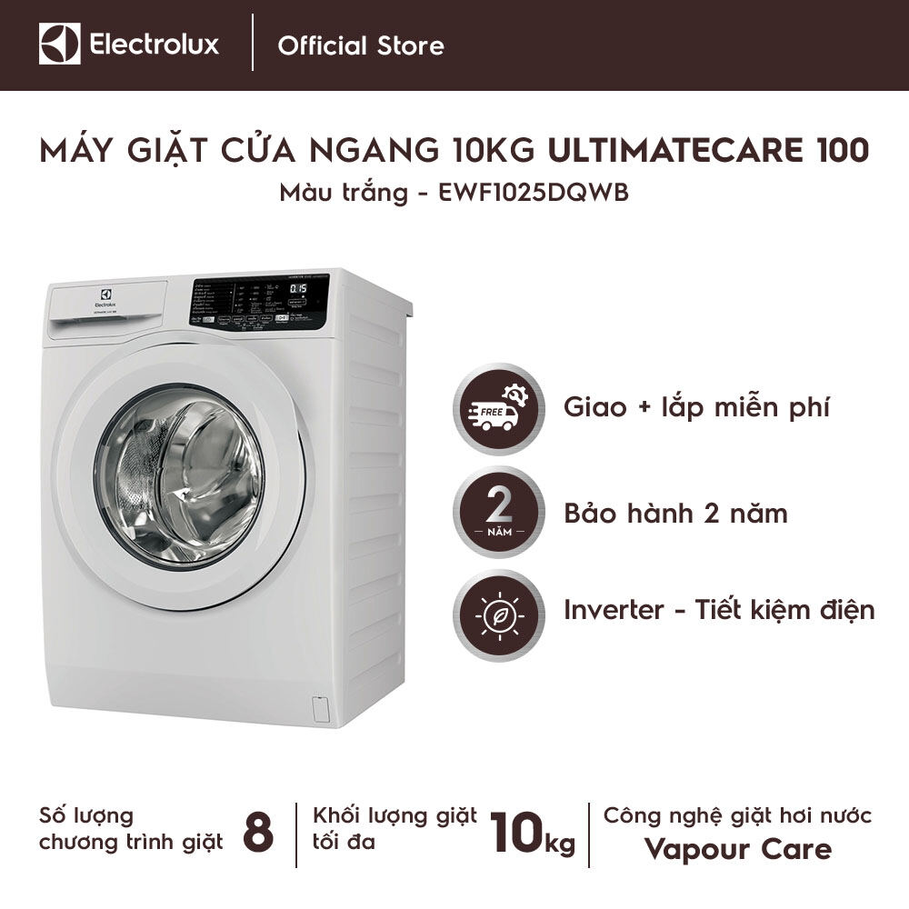 Máy giặt cửa ngang Electrolux 10kg UltimateCare 100 EWF1025DQWB diệt 99.9% vi khuẩn và chất dị ứng -