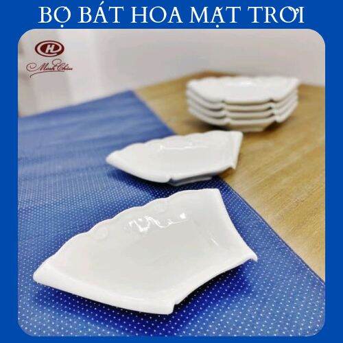 Bộ bát đĩa hoa mặt trời, trắng trơn.