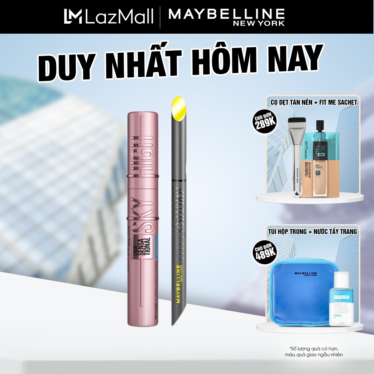 Bộ trang điểm Bút kẻ mắt nước siêu sắc mảnh không lem, trôi Hyper Sharp, Mascara Tơi Dài Mi Lash Sensational Sky High Maybelline New York